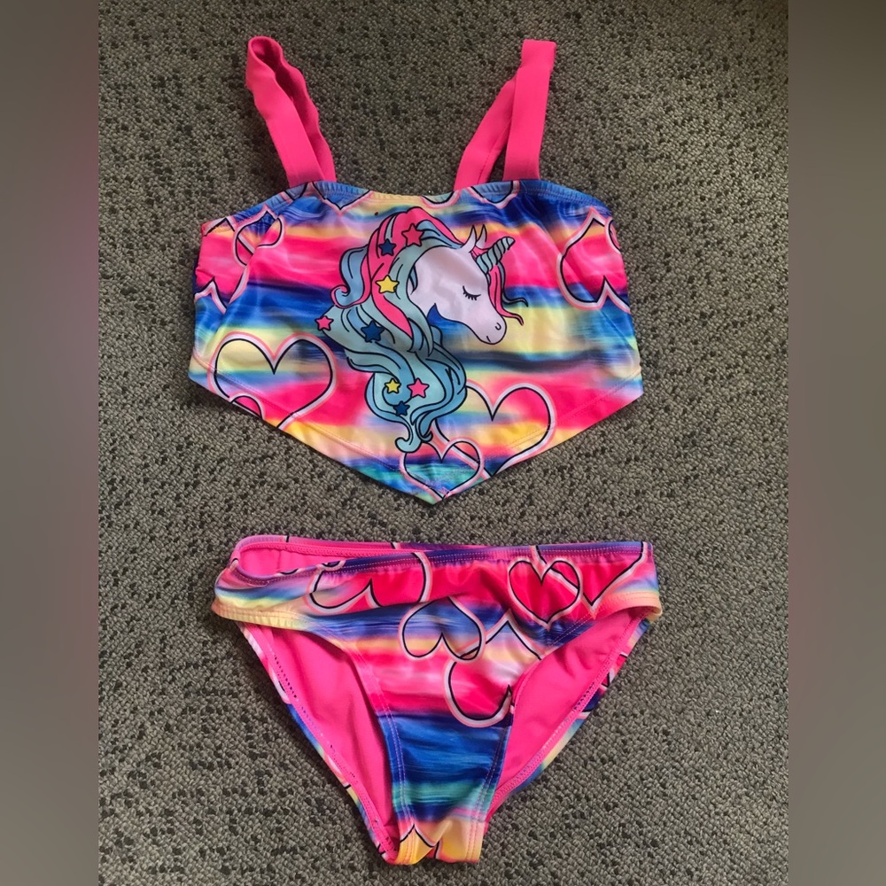 Girls Pink Rainbow Unicorn Two-Piece Swim Set